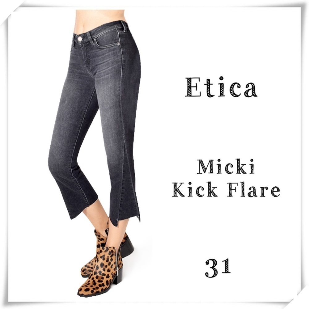 ETICA Micki High Waist Kick Flare Step Hem Jeans In Dark Pool Black Size 31